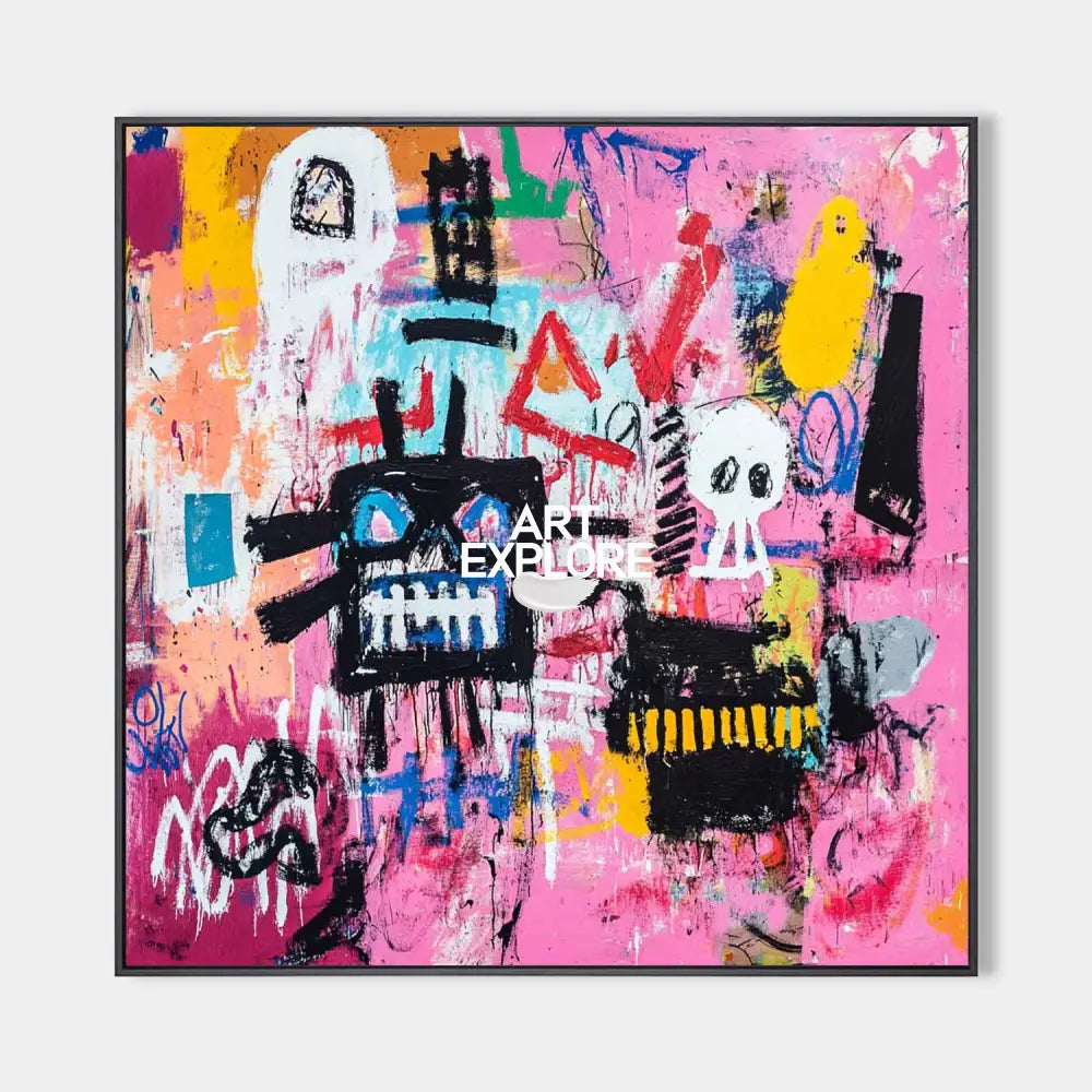 Original hand painted bold pink abstract oil painting canvas wall art, modern luxury graffiti skull figures eclectic contemporary home