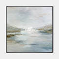 Original hand painted pale blue grey gold misty lake abstract oil painting canvas wall art, nordic scandinavian minimalist elegant luxu