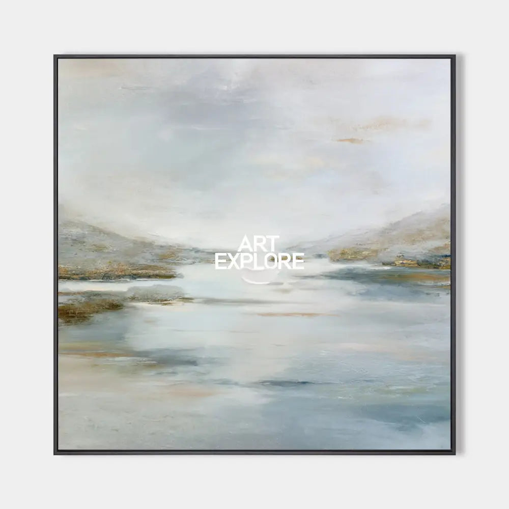 Original hand painted pale blue grey gold misty lake abstract oil painting canvas wall art, nordic scandinavian minimalist elegant luxu