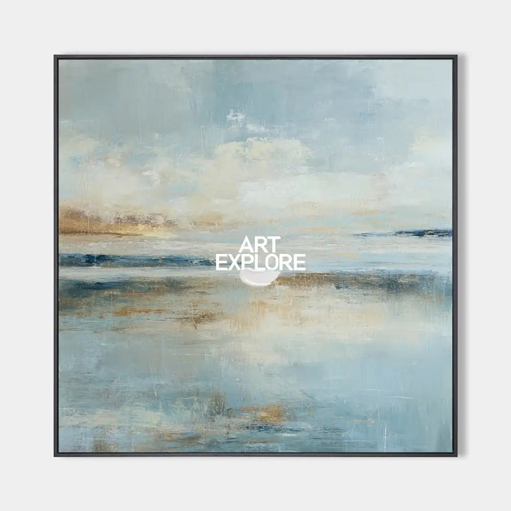 Original hand painted blue gold coastal abstract oil painting canvas wall art, nordic scandinavian elegant luxury modern living room ho