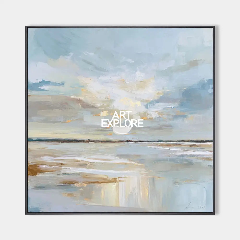 Original hand painted pale blue gold coastal abstract oil painting canvas wall art, nordic scandinavian minimalist elegant luxury moder