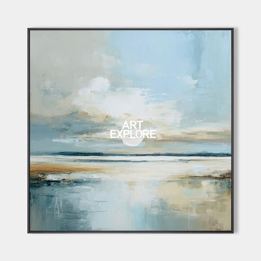 Original hand painted pale blue ivory coastal abstract oil painting canvas wall art, nordic scandinavian minimalist elegant luxury mode