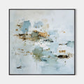 Original hand painted icy blue sage green gold abstract coastal oil painting canvas wall art, nordic scandinavian elegant luxury minima