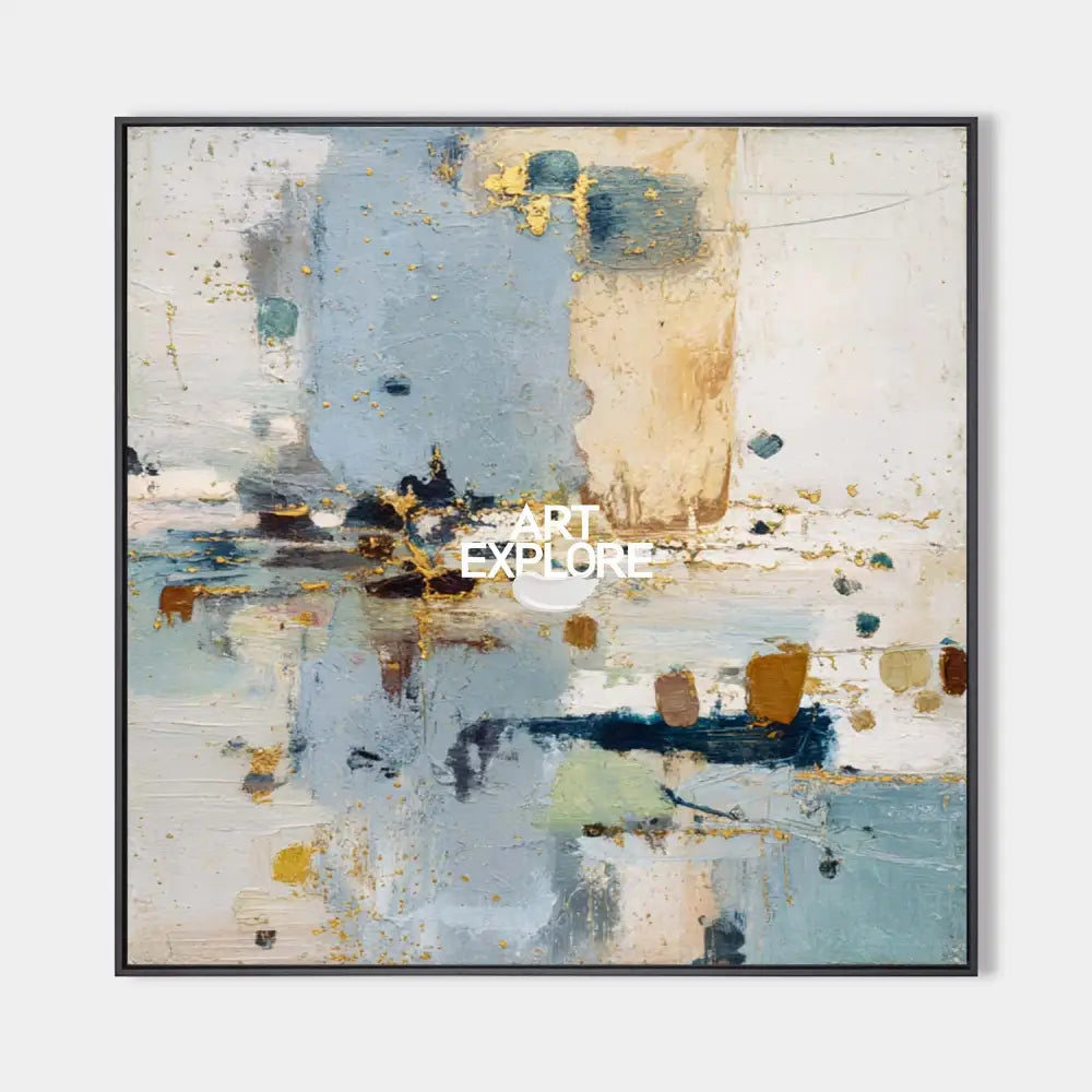 Original hand painted blue ivory gold abstract oil painting canvas wall art, nordic scandinavian elegant luxury modern living room home