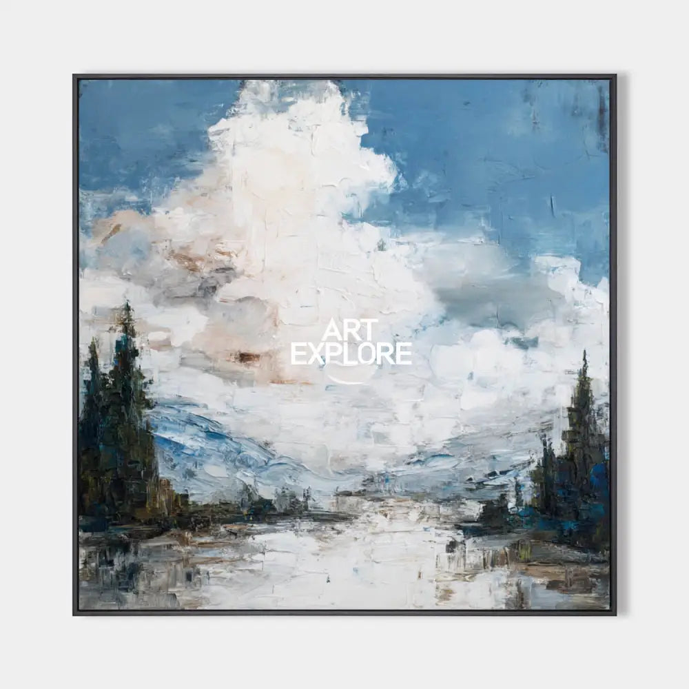 Original hand painted blue white cloud landscape oil painting canvas wall art, nordic scandinavian elegant luxury modern living room in