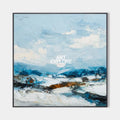 Original hand painted blue white abstract nordic winter landscape oil painting canvas wall art, scandinavian elegant luxury modern livi