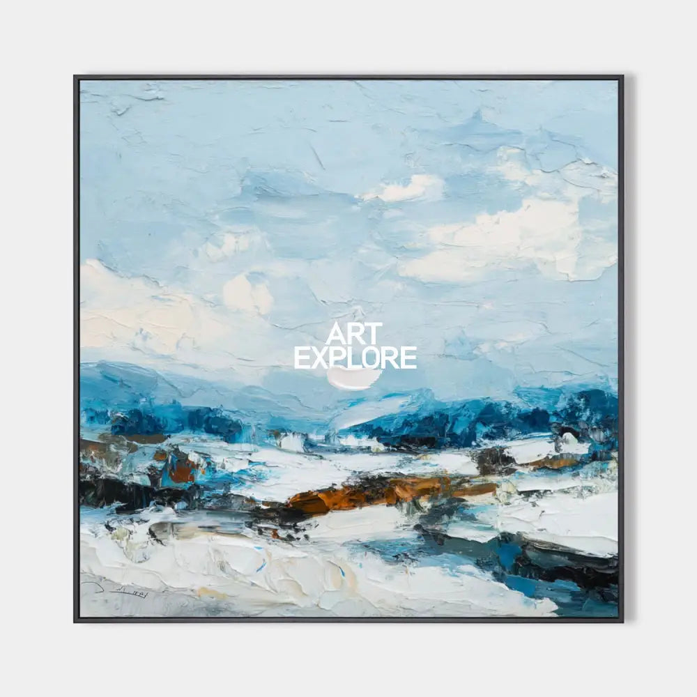Original hand painted blue white abstract nordic winter landscape oil painting canvas wall art, scandinavian elegant luxury modern livi