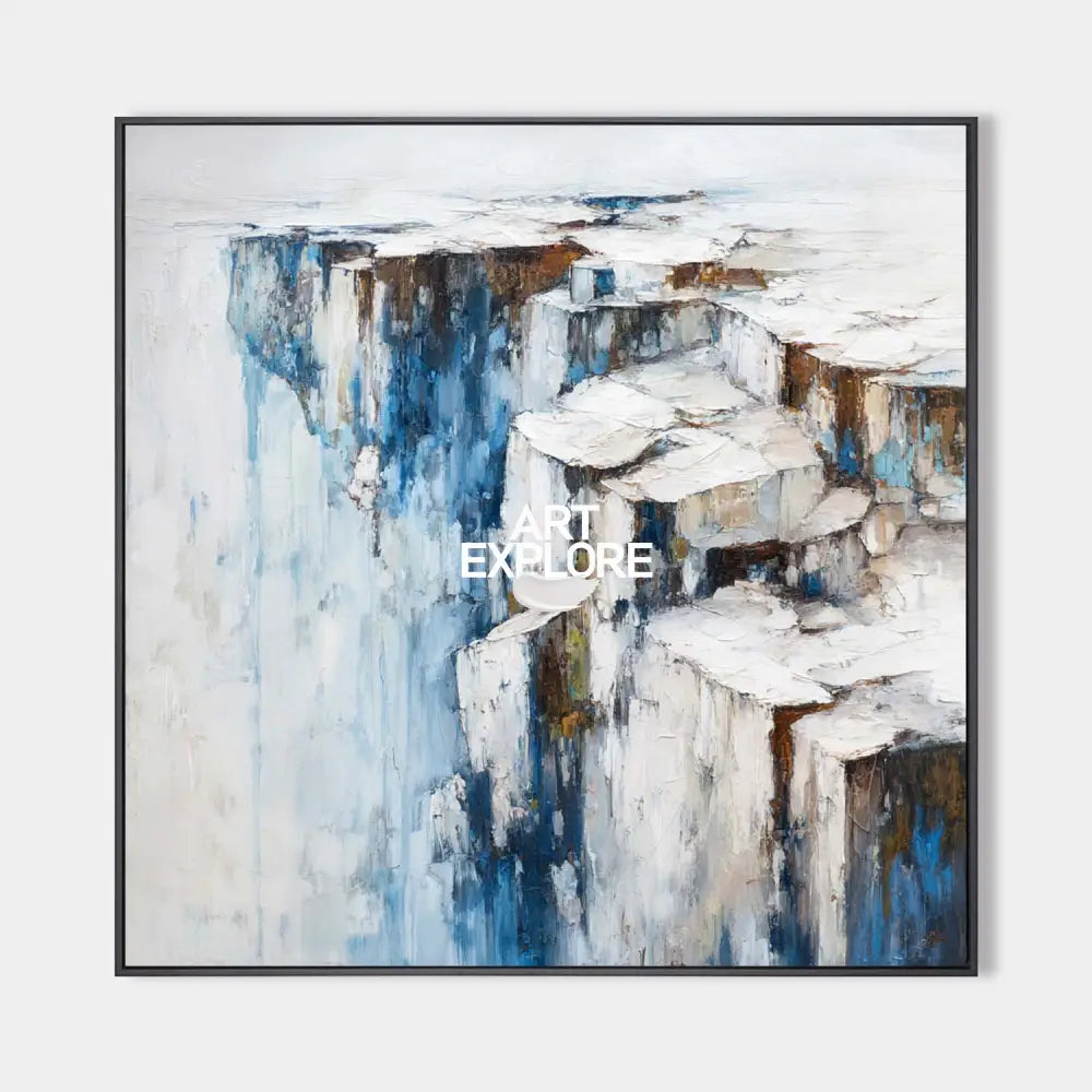 Original hand painted white blue abstract cliff oil painting canvas wall art, nordic scandinavian elegant luxury modern living room hom