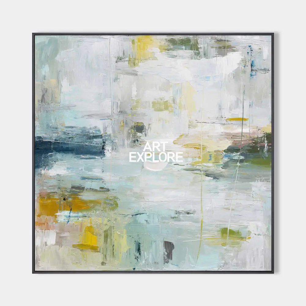Original hand painted abstract oil painting canvas wall art, soft aqua white olive gold tones, luxury modern nordic scandinavian elegan