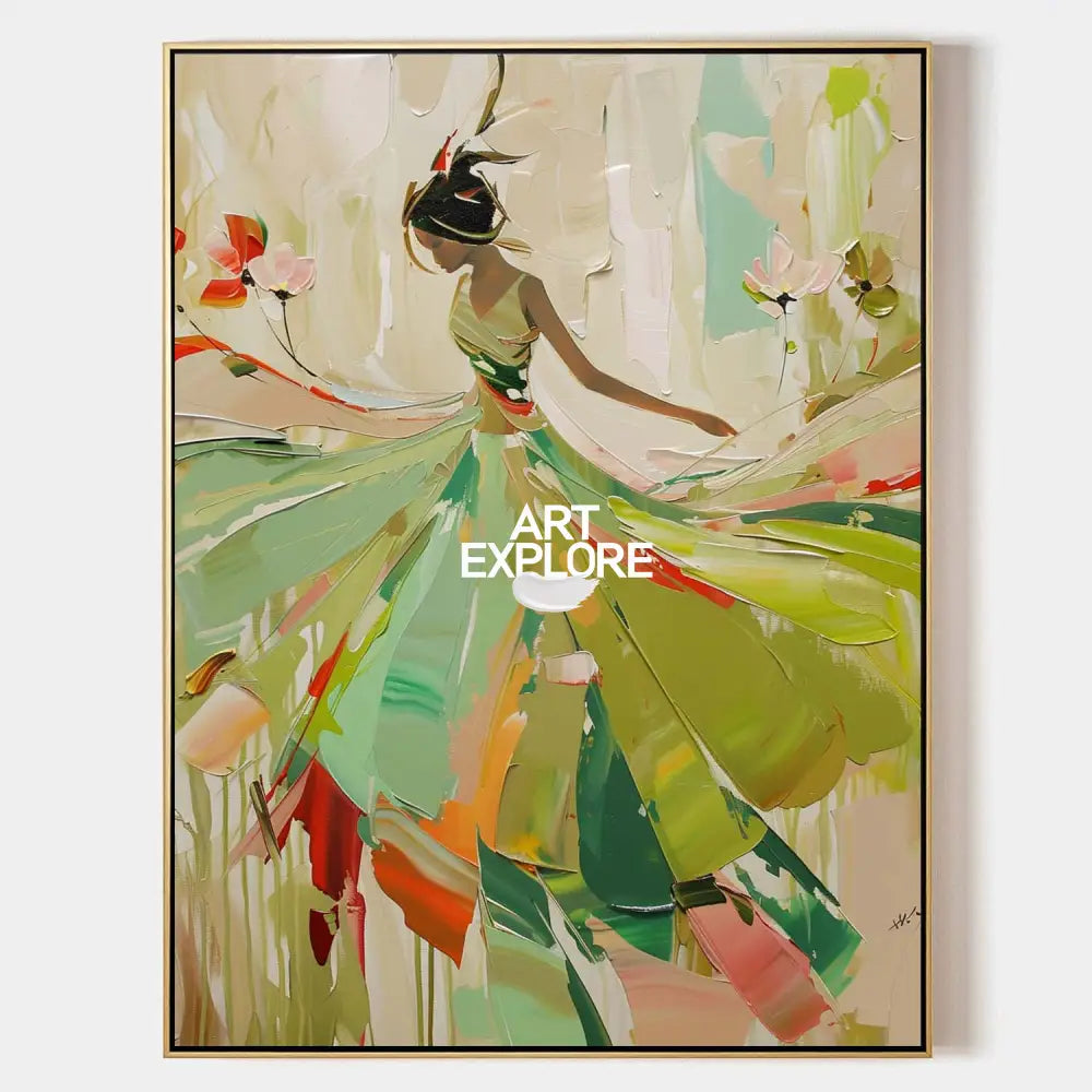 Original hand painted sage green abstract dancer oil painting canvas wall art, botanical floral nordic scandinavian elegant luxury mode