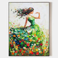 Original hand painted green floral abstract oil painting canvas wall art, elegant dancing woman, luxury modern botanical nordic home de