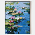 Original hand painted pink water lily teal blue pond oil painting canvas wall art, elegant luxury modern nordic scandinavian home decor