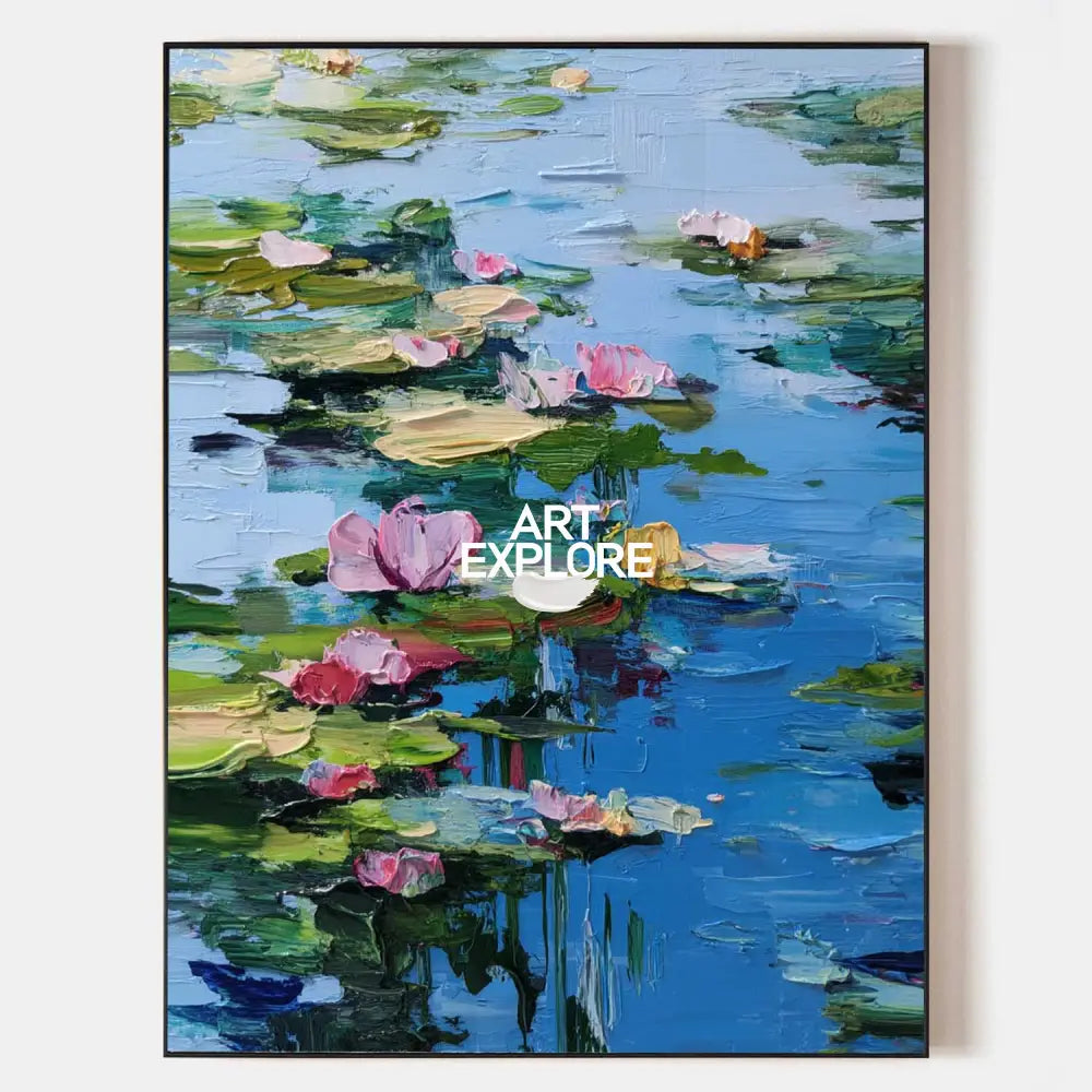Original hand painted pink water lily teal blue pond oil painting canvas wall art, elegant luxury modern nordic scandinavian home decor