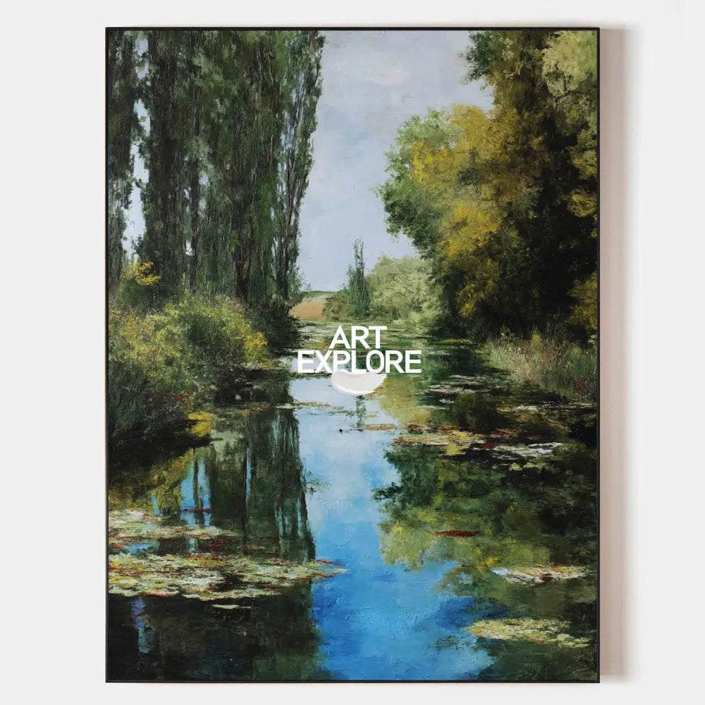 Original hand painted teal green lily pond oil painting canvas wall art, elegant luxury modern botanical nordic living room home decor