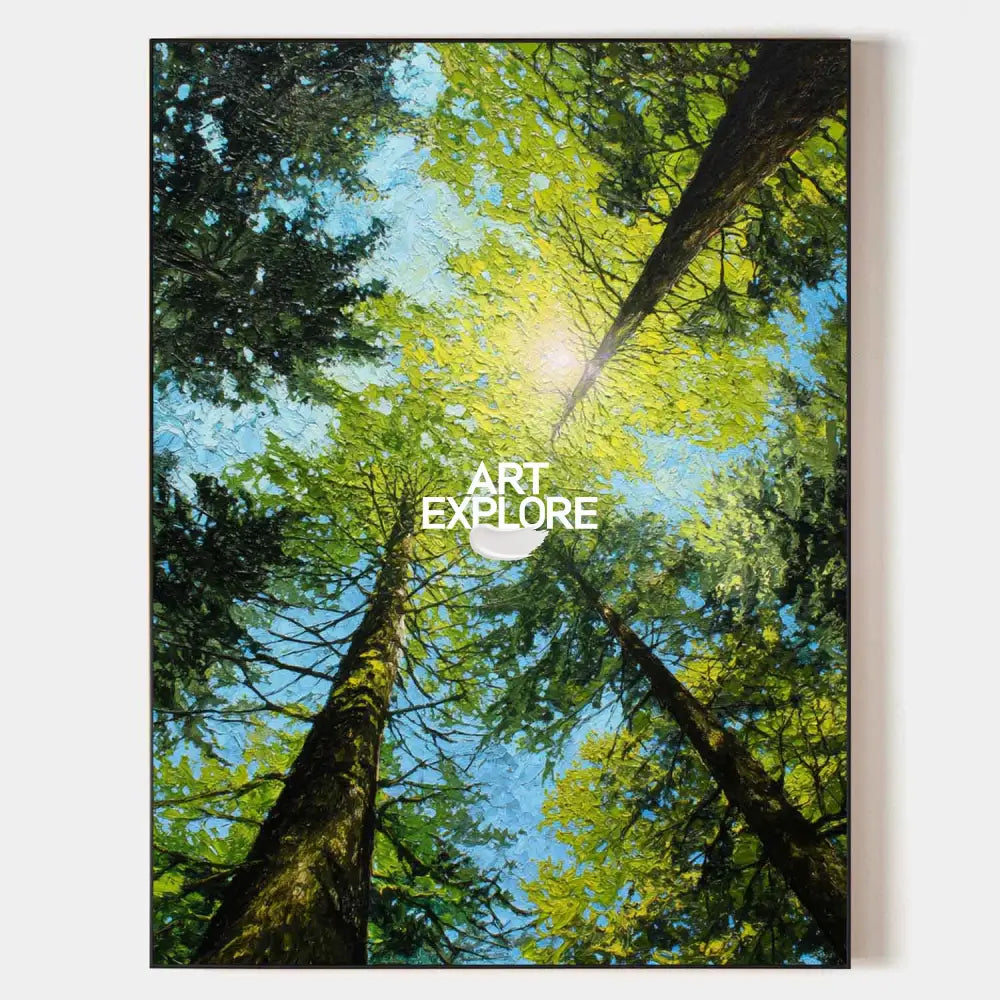 Original hand painted green forest canopy sunlight oil painting canvas wall art, modern elegant luxury nordic scandinavian home decor i