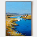 Original hand painted blue river landscape oil painting canvas wall art, golden meadow wildflowers, elegant luxury modern nordic coasta