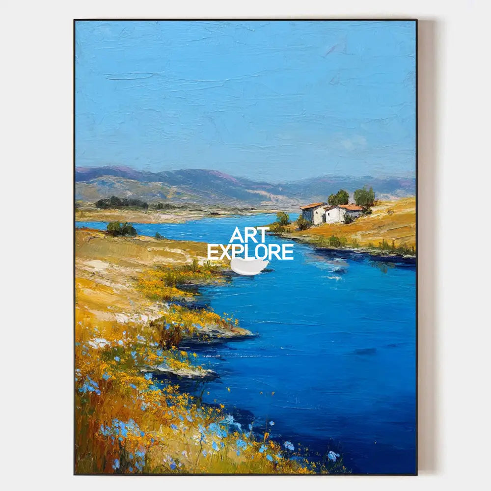 Original hand painted blue river landscape oil painting canvas wall art, golden meadow wildflowers, elegant luxury modern nordic coasta