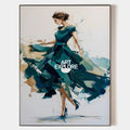 Original hand painted teal abstract dancing woman oil painting canvas wall art, elegant luxury modern nordic scandinavian home decor in