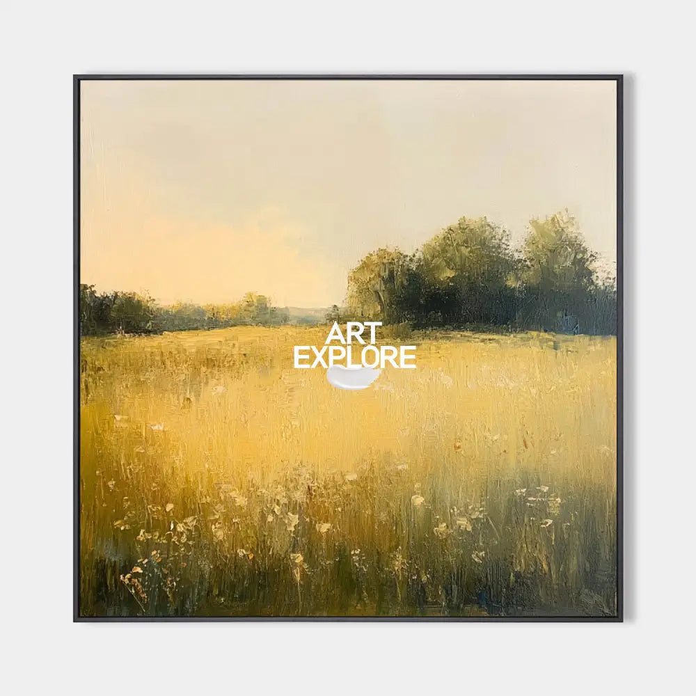 Original hand painted golden yellow meadow oil painting canvas wall art, nordic scandinavian elegant luxury minimalist modern living ro