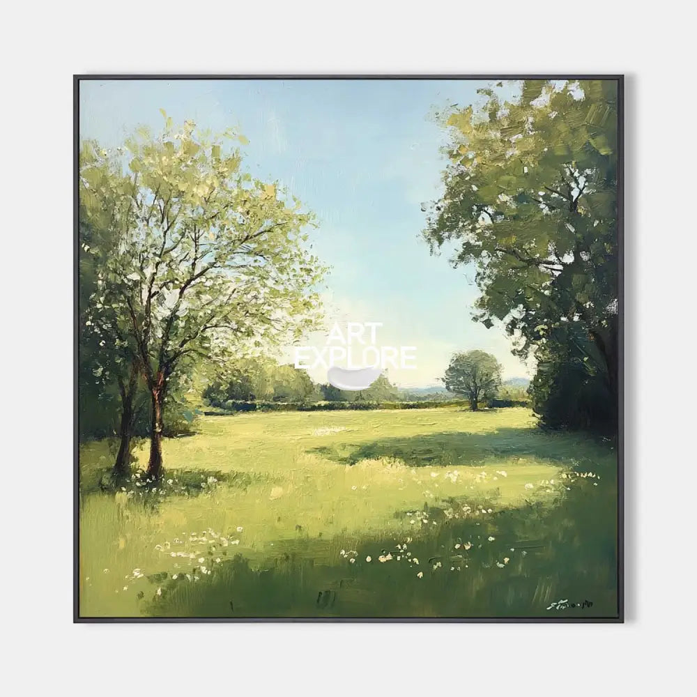 Original hand painted lush green meadow oil painting canvas wall art, elegant luxury nordic scandinavian modern living room interior de