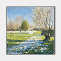 Original hand painted spring landscape oil painting canvas, white blossoming trees green meadow blue flowers, elegant luxury modern nor