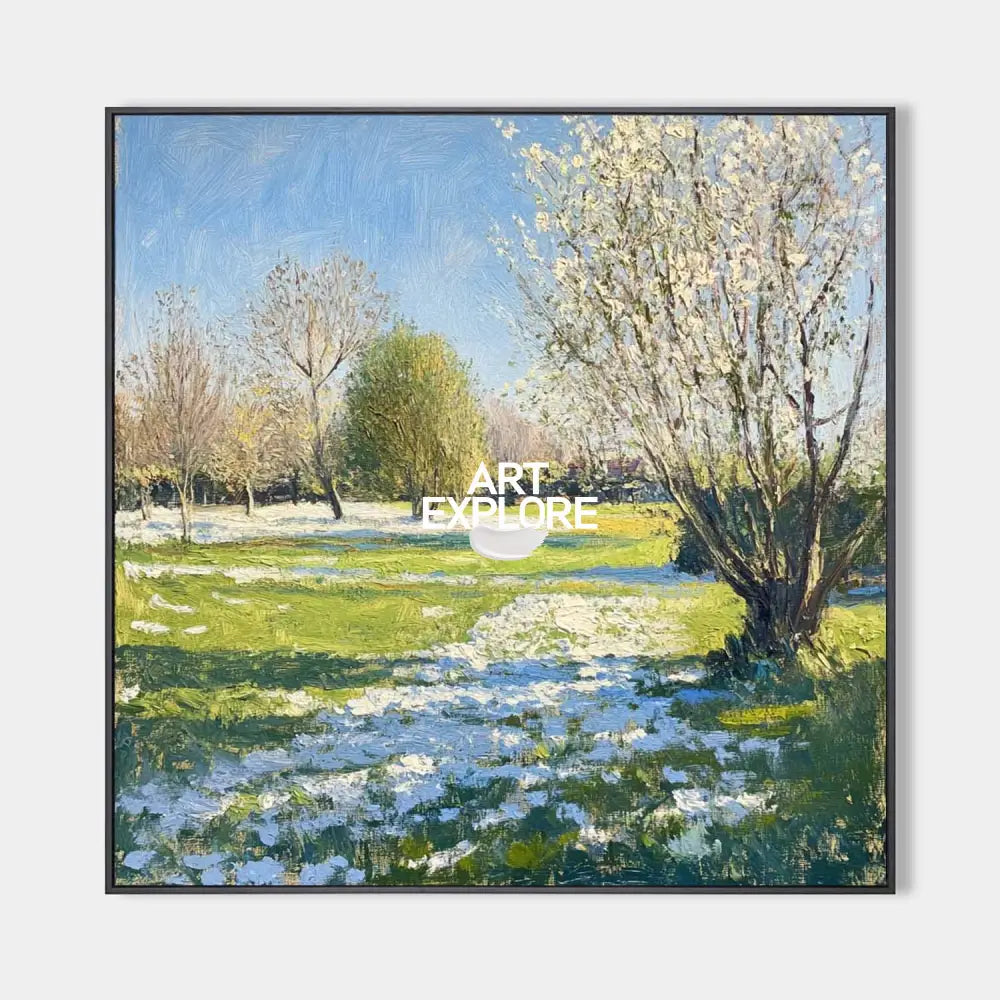 Original hand painted spring landscape oil painting canvas, white blossoming trees green meadow blue flowers, elegant luxury modern nor