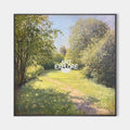 Original hand painted green yellow sunlit forest path landscape oil painting canvas wall art, elegant luxury modern nordic scandinavian