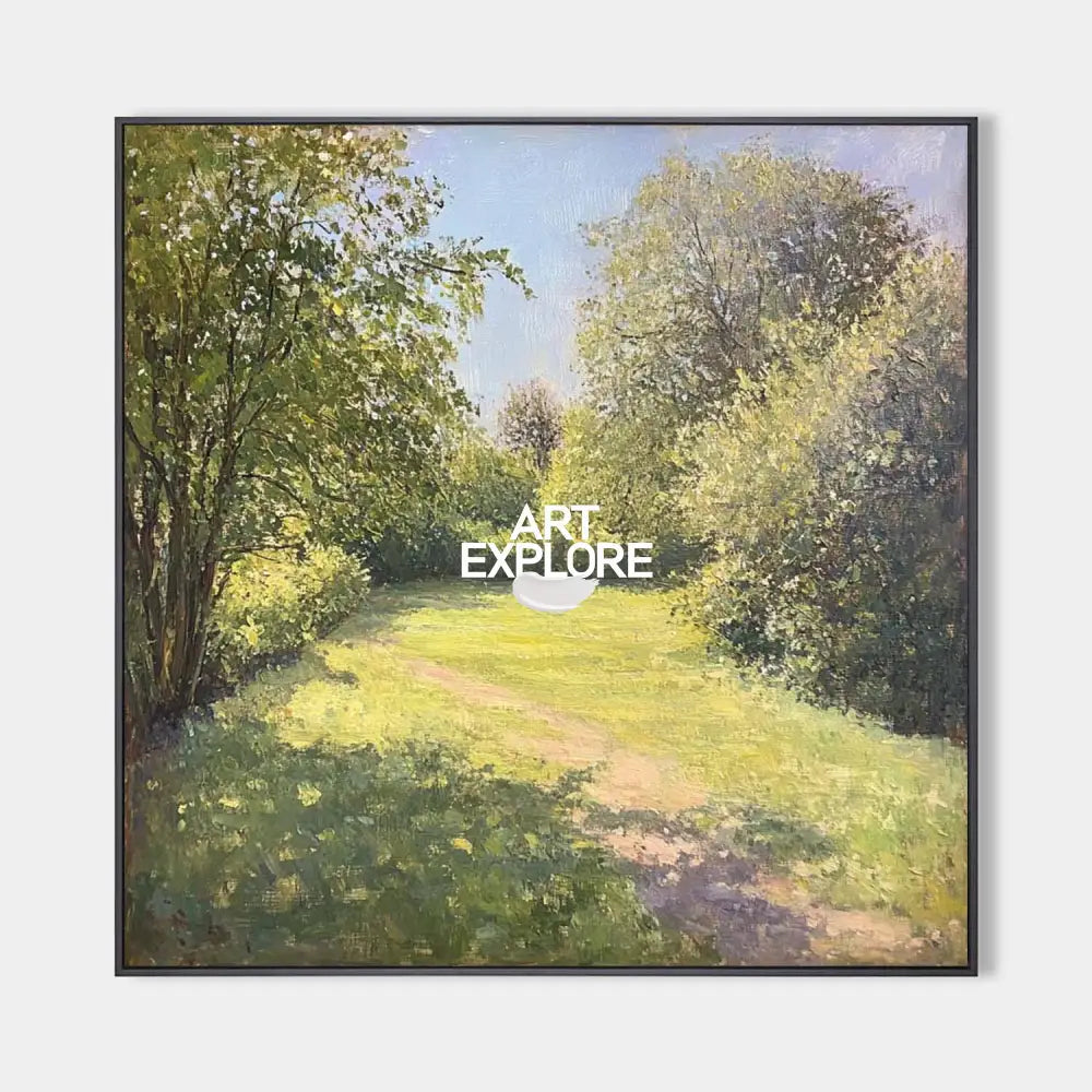 Original hand painted green yellow sunlit forest path landscape oil painting canvas wall art, elegant luxury modern nordic scandinavian