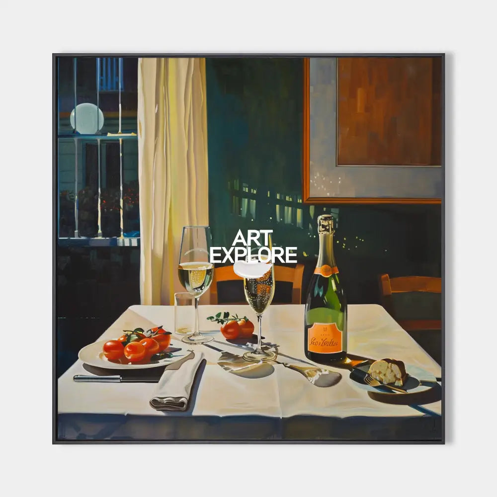 Original hand painted teal amber oil painting canvas wall art, elegant luxury modern dining champagne scene nordic scandinavian home de