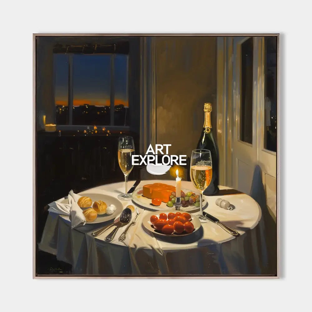 Original hand painted amber candlelit dinner oil painting canvas wall art, elegant luxury modern dining room scandinavian home decor in