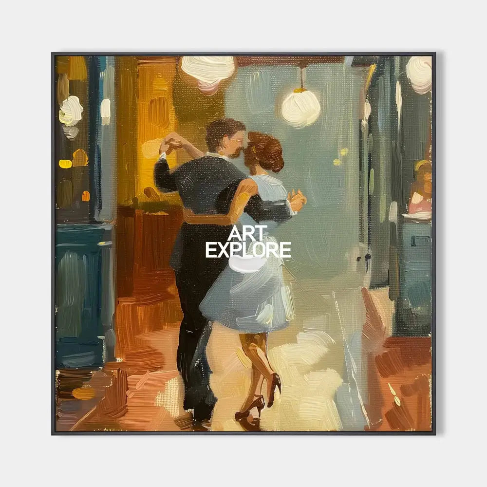 Original hand painted oil painting dancing couple amber teal elegant luxury vintage canvas wall art modern nordic scandinavian interior