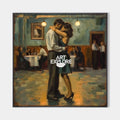 Original hand painted teal amber vintage ballroom dancing couple oil painting canvas wall art, elegant luxury modern dining room home d