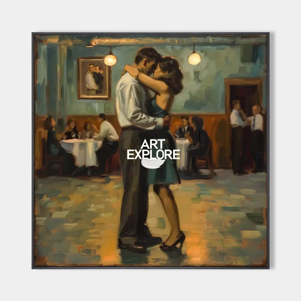 Original hand painted teal amber vintage ballroom dancing couple oil painting canvas wall art, elegant luxury modern dining room home d