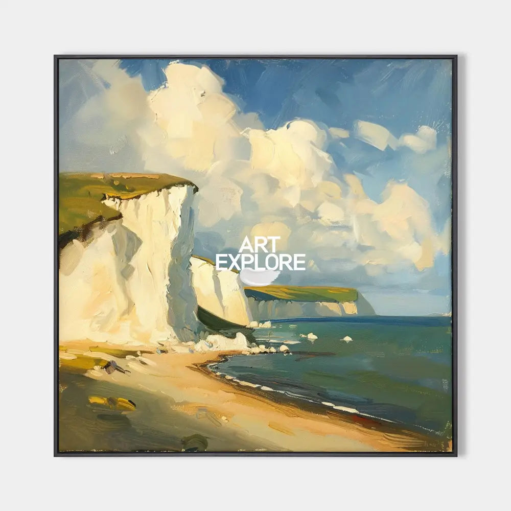 Original hand painted ivory chalk cliffs coastal oil painting canvas wall art, elegant luxury modern scandinavian nordic living room ho
