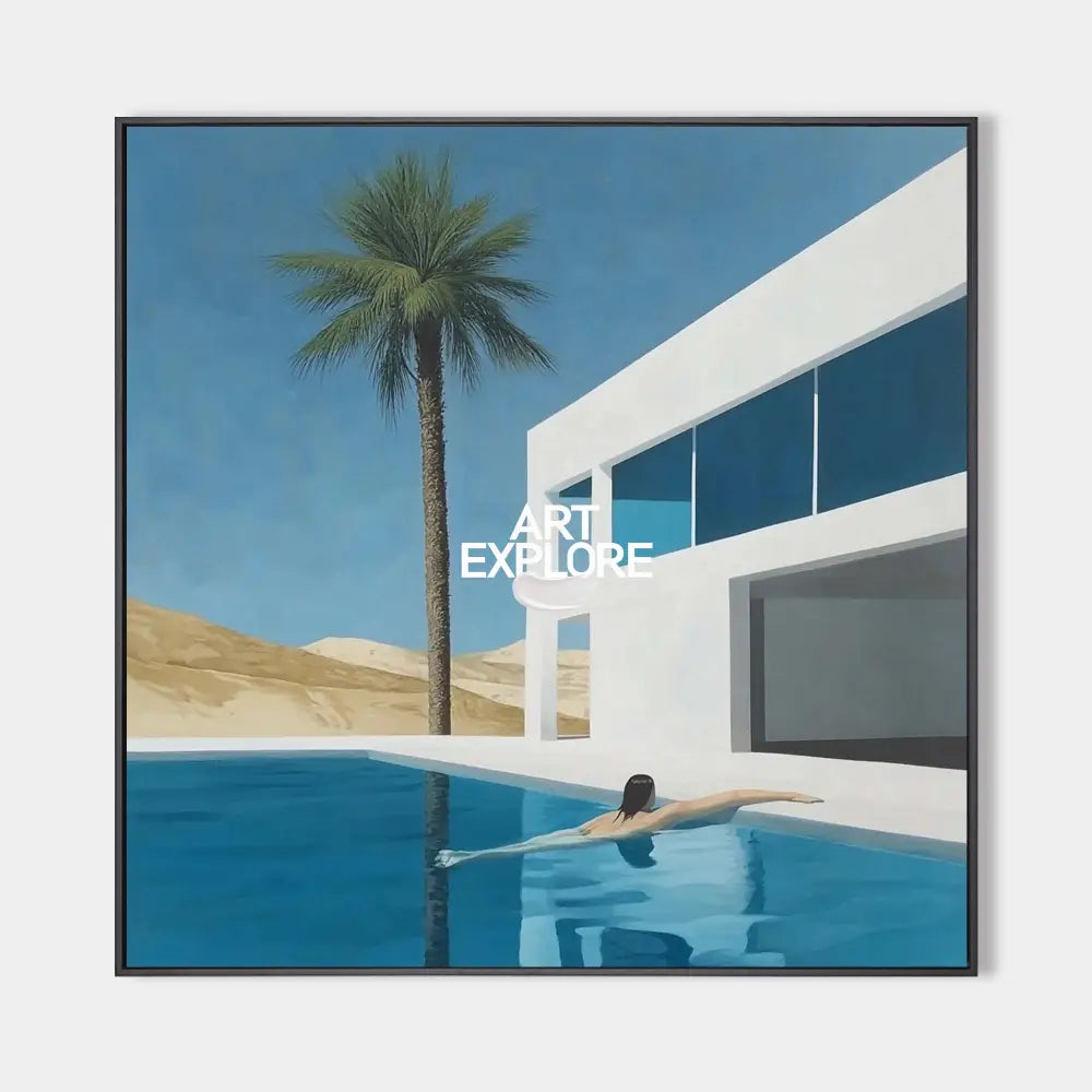 Original hand painted desert pool oil painting canvas wall art, blue white minimalist elegant luxury modern scandinavian living room ho