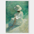 Original hand painted teal coastal oil painting canvas, woman in white hat by sea, elegant vintage luxury nordic scandinavian modern ho