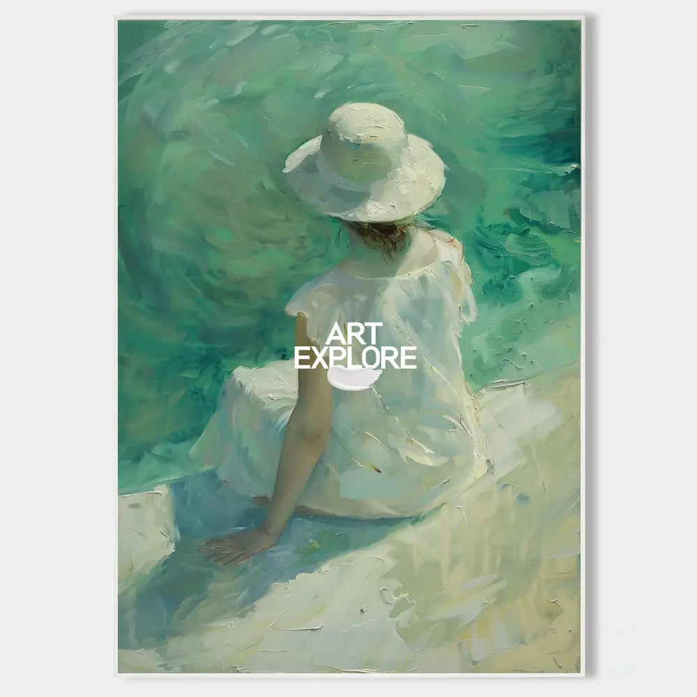 Original hand painted teal coastal oil painting canvas, woman in white hat by sea, elegant vintage luxury nordic scandinavian modern ho