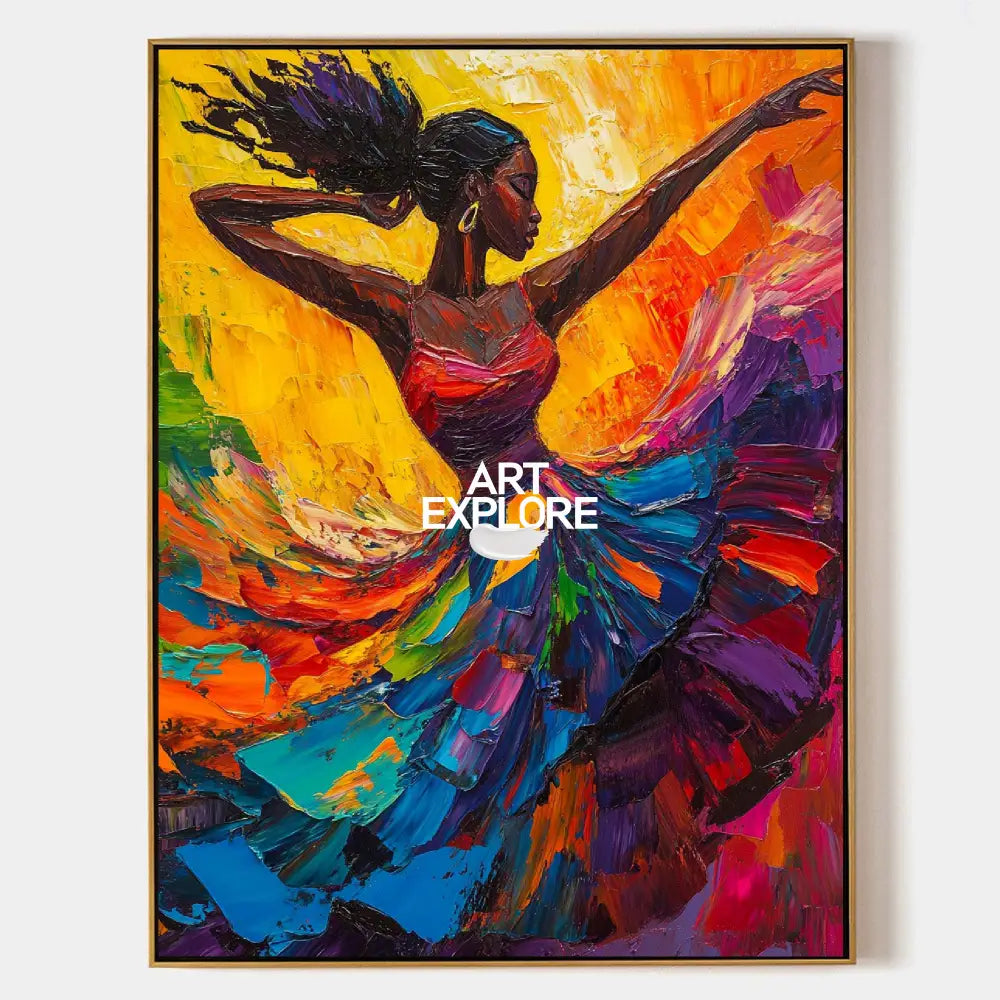 Original hand painted abstract dancer oil painting canvas wall art, vibrant crimson blue gold elegant luxury modern living room home de