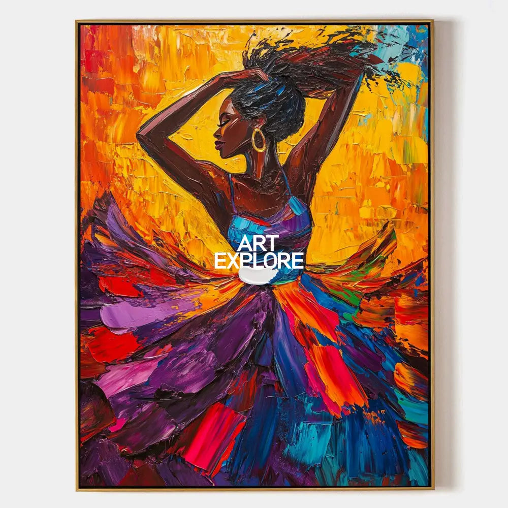 Original hand painted abstract oil painting canvas, vibrant dancing woman purple orange blue, elegant luxury modern bold living room wa