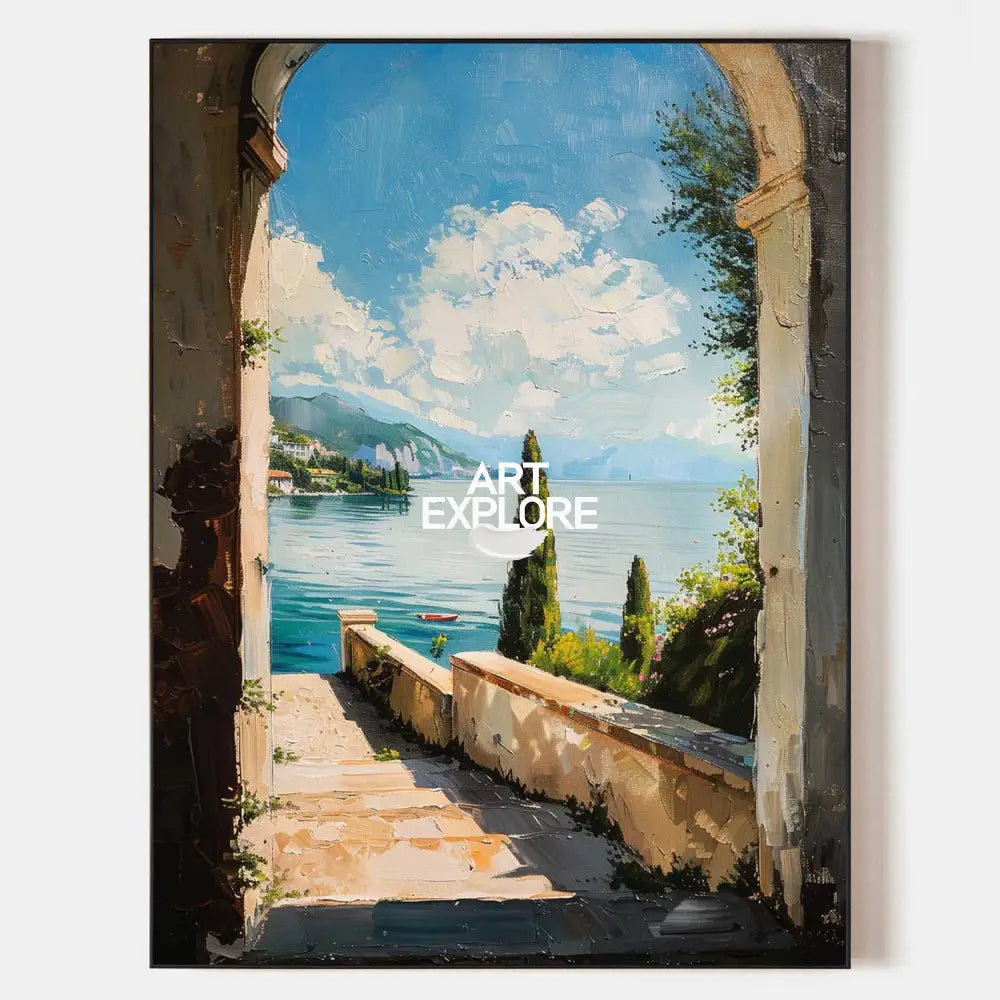 Original hand painted oil painting canvas, stone arch framing turquoise lake, cypress trees, mountains, elegant luxury coastal modern h