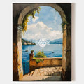 Original hand painted teal coastal oil painting canvas, stone arch lakeside view, elegant luxury modern nordic scandinavian wall art ho