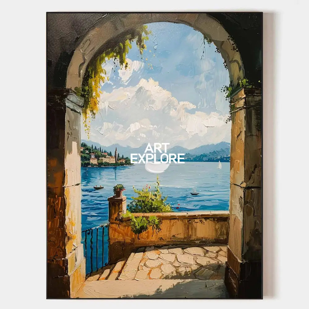Original hand painted teal coastal oil painting canvas, stone arch lakeside view, elegant luxury modern nordic scandinavian wall art ho