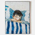 Original hand painted teal blue coastal oil painting canvas wall art, sleeping child figure, nordic scandinavian elegant luxury modern