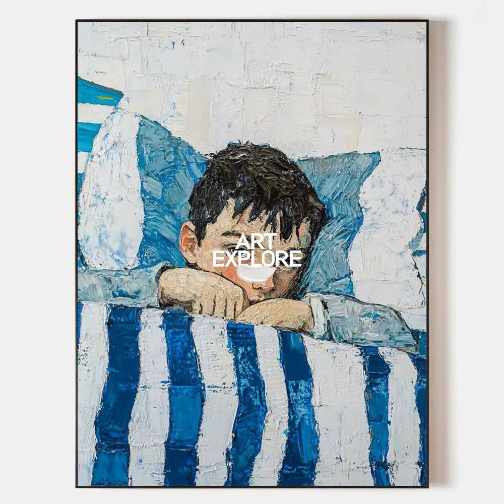 Original hand painted teal blue coastal oil painting canvas wall art, sleeping child figure, nordic scandinavian elegant luxury modern