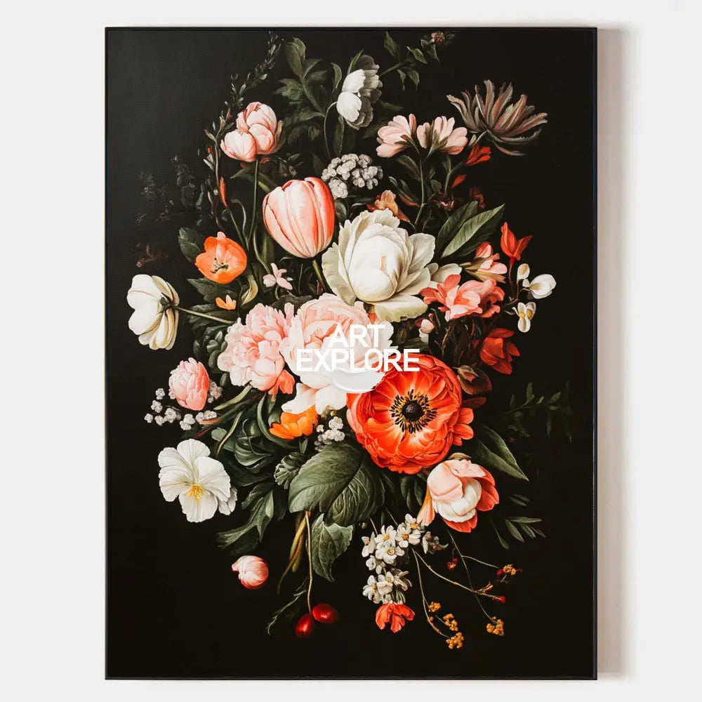 Original hand painted crimson poppy botanical oil painting canvas wall art, elegant luxury modern classic dark floral home decor interi