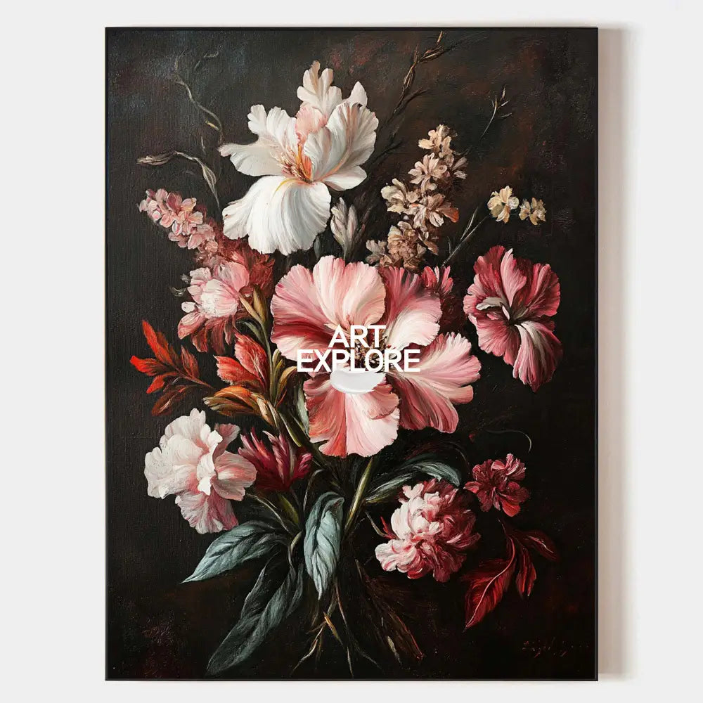 Original hand painted crimson blush floral oil painting canvas wall art, elegant luxury botanical nordic modern vintage living room hom