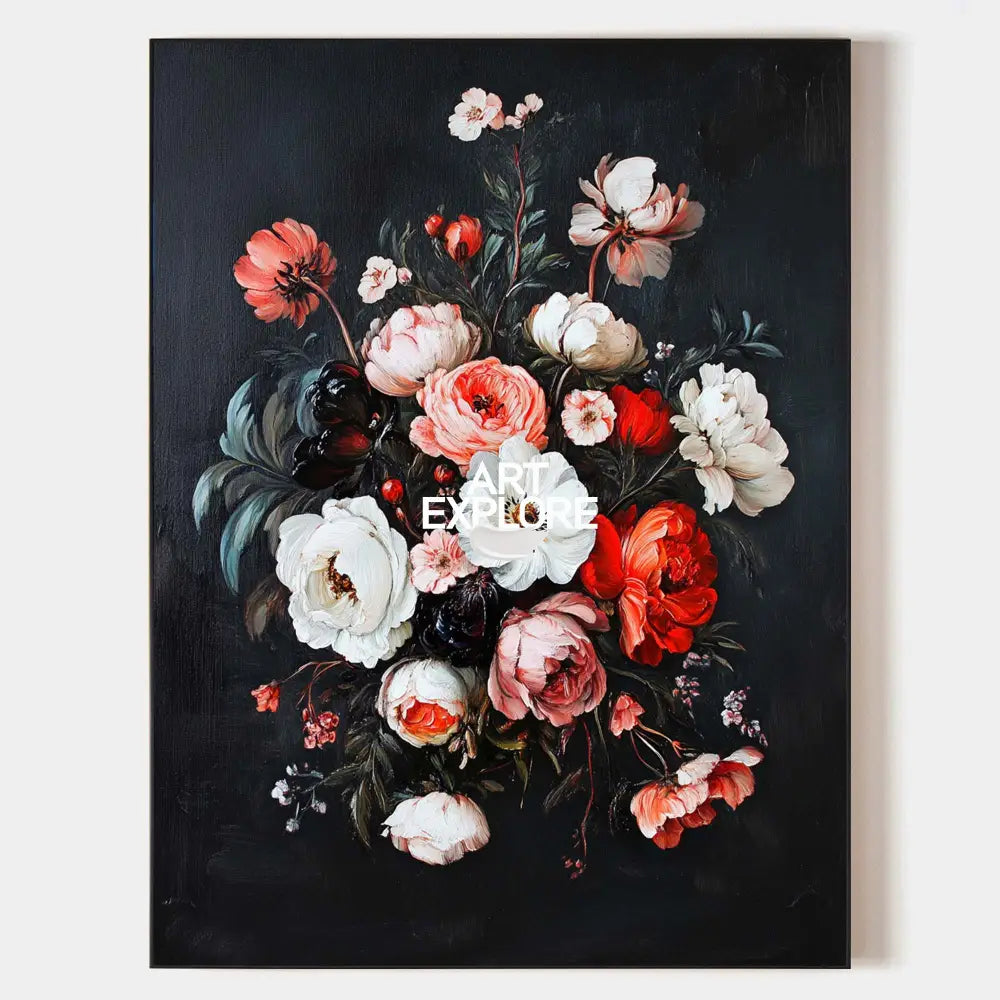 Original hand painted red white pink peony floral oil painting canvas wall art, elegant luxury modern nordic scandinavian botanical hom