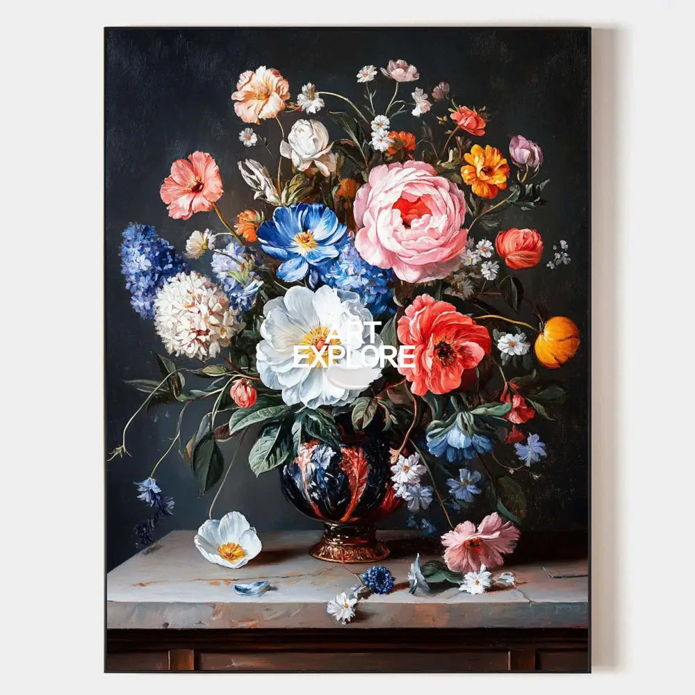 Original hand painted floral oil painting canvas wall art, pink peony white rose blue cosmos dark background elegant luxury modern home