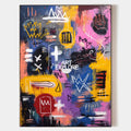 Original hand painted urban abstract oil painting canvas, vivid yellow pink blue graffiti symbols, luxury modern elegant wall art home