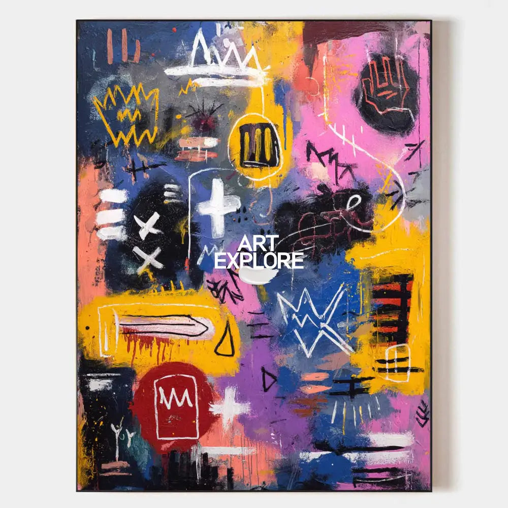 Original hand painted urban abstract oil painting canvas, vivid yellow pink blue graffiti symbols, luxury modern elegant wall art home